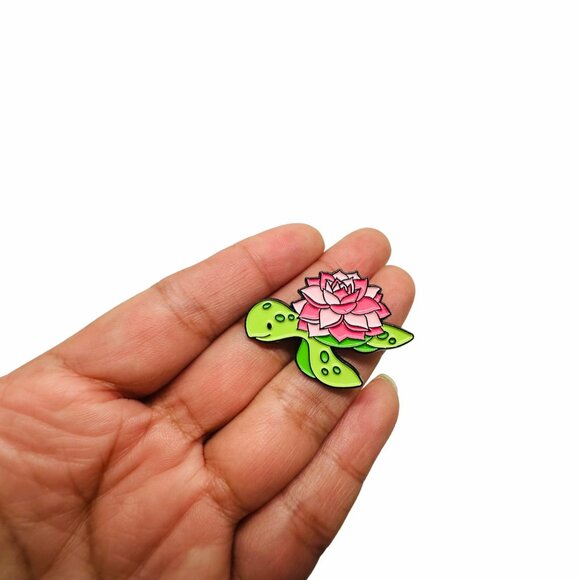 🤩Cute Turtle enamel pin with lotus flower Design - Green Turtle Metal Brooch🤩 - Picture 2 of 6
